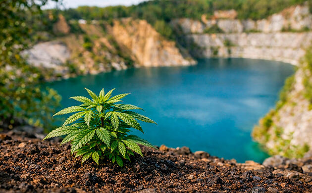 Полив каннабиса водой из пруда